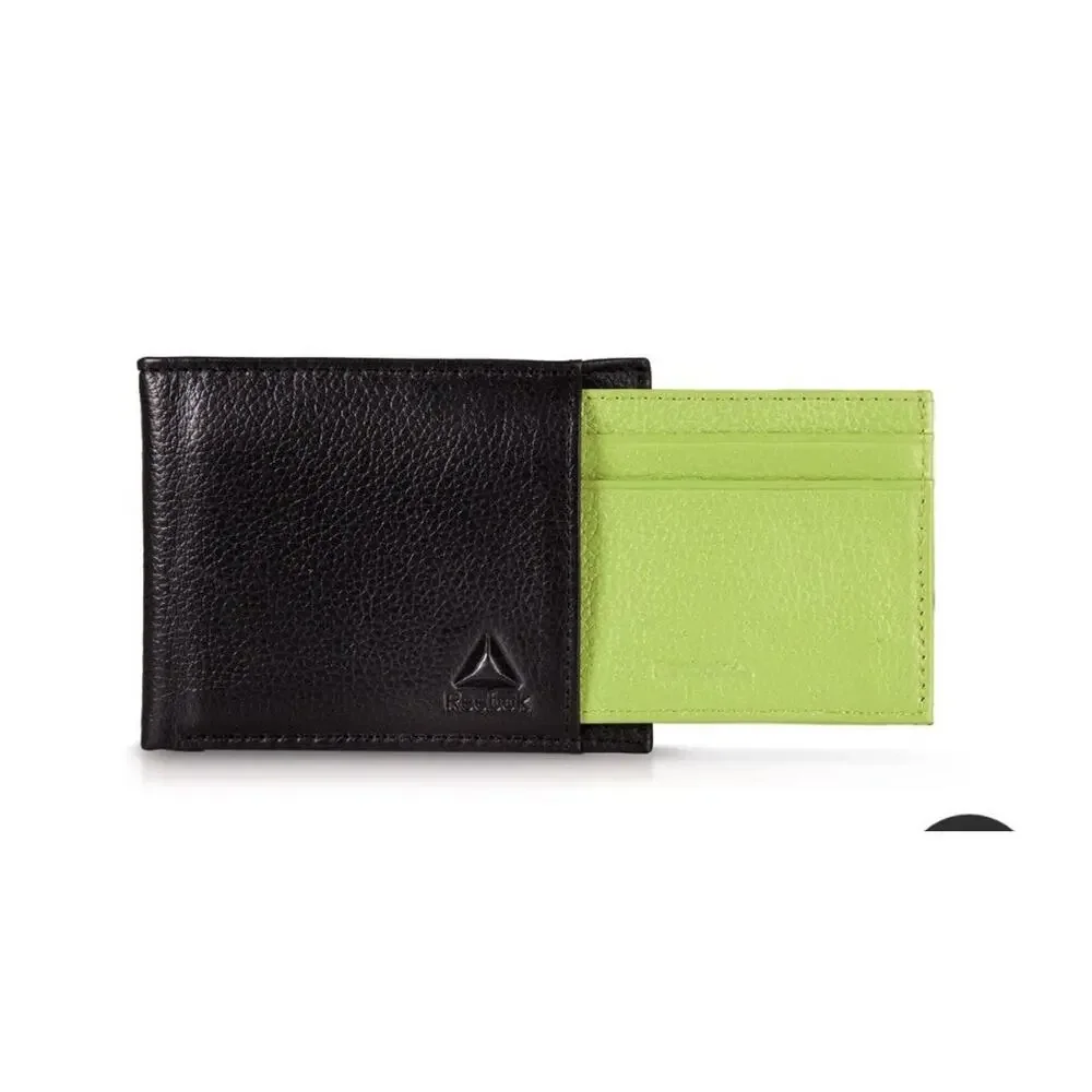 Reebok Men's Bifold Wallet RFID Blocking w/ Removable Passcase Black/Green